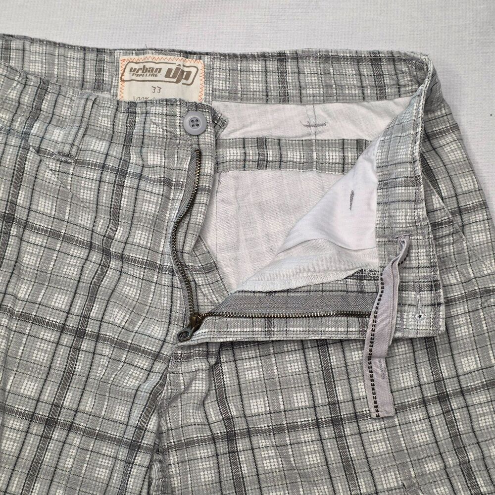 Urban Up Men’s Cargo Shorts 33 Plaid White Gray Sage Cotton Drawstring Waist